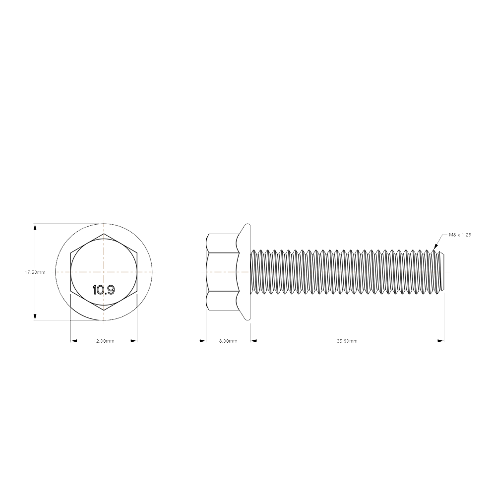 thumbnail image 2 of M12 X 1.25 Tap Brand M12-1.25 X 35mm ISO Grade 10.9 Hex Flange Bolt M12 251b-20 2 of 9