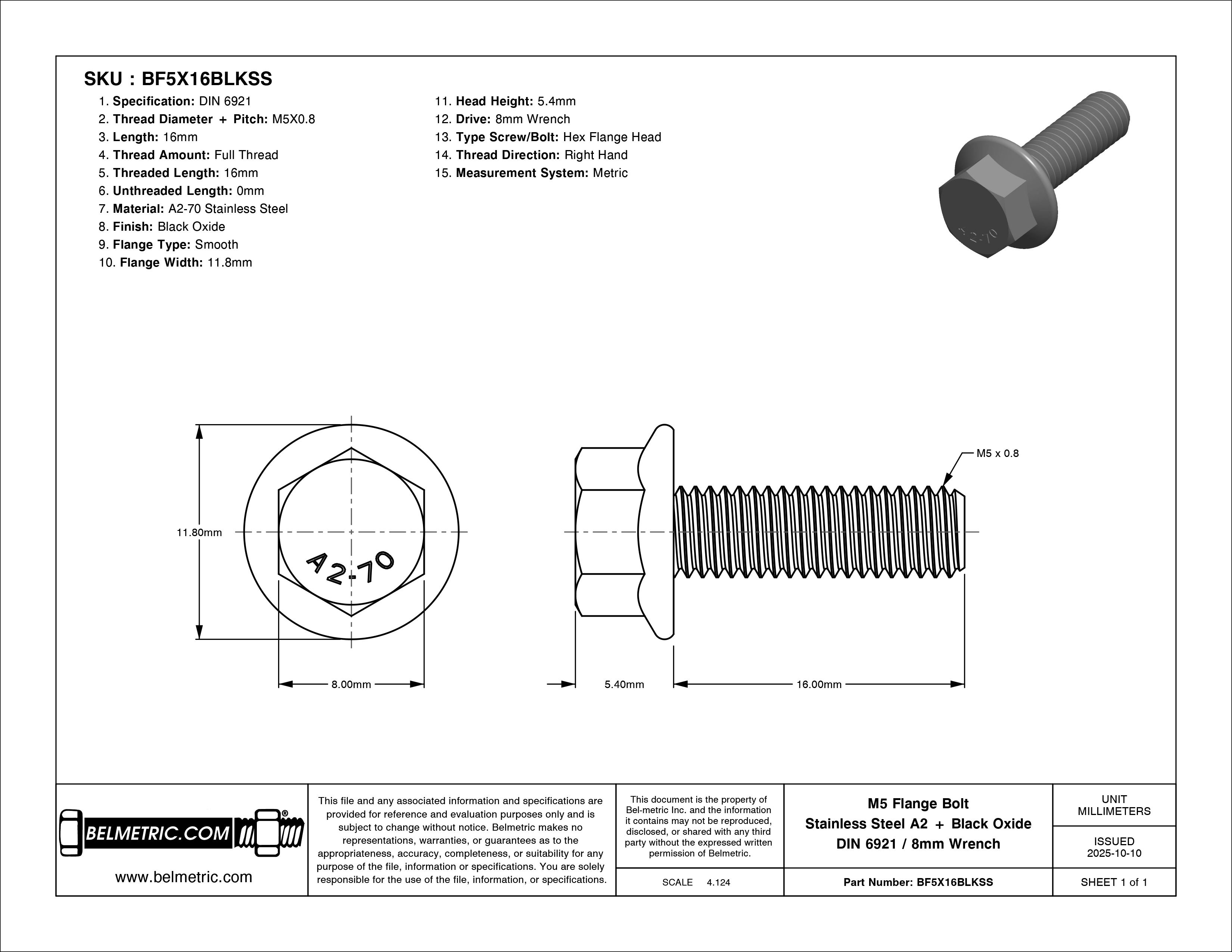 M5X0.8 Flange Bolt Black Stainless Coarse DIN 6921 - BelMetric