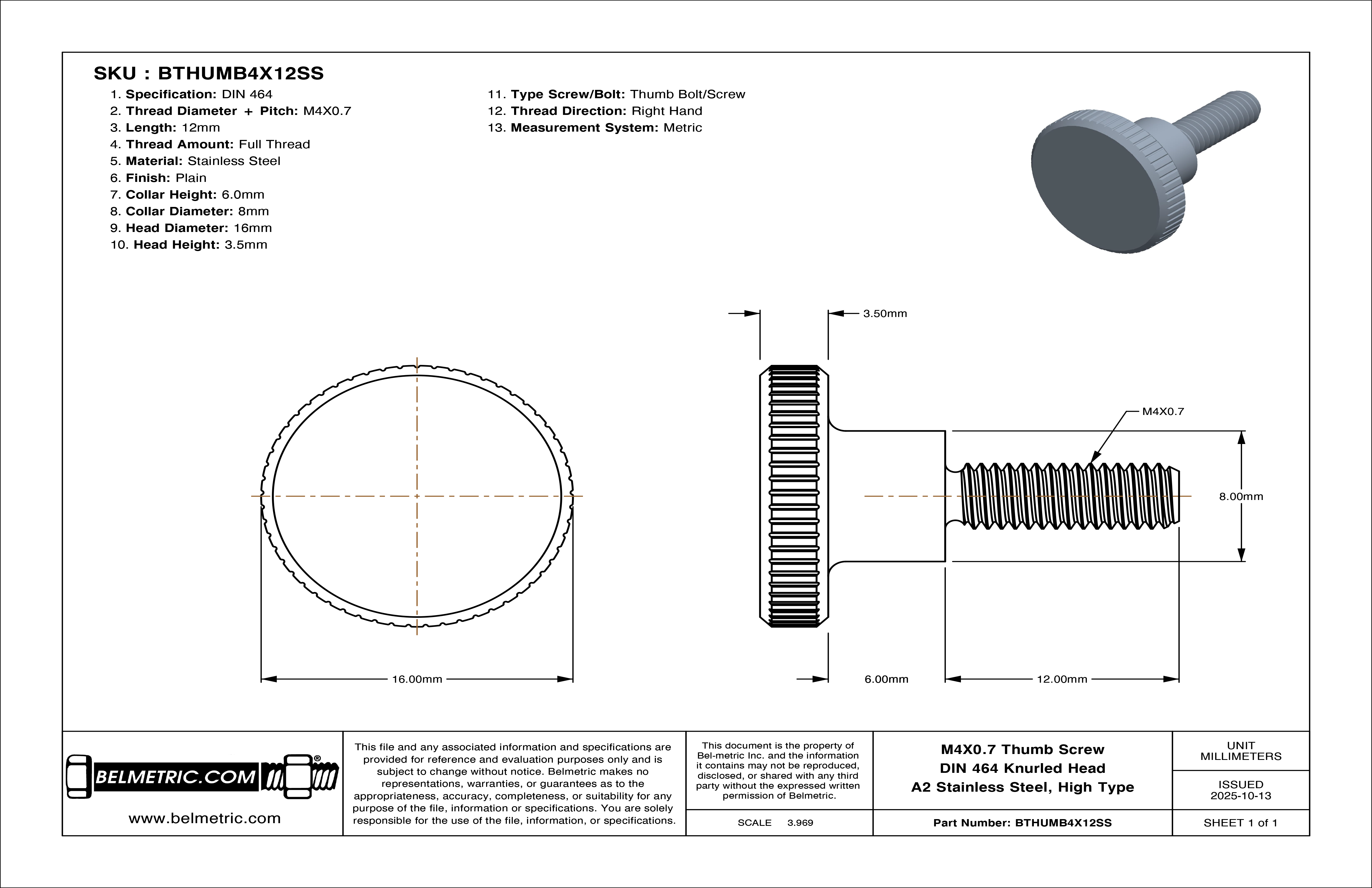 M4X0.7 Thumb Screw Knurled - A2 Stainless DIN 464 High Type