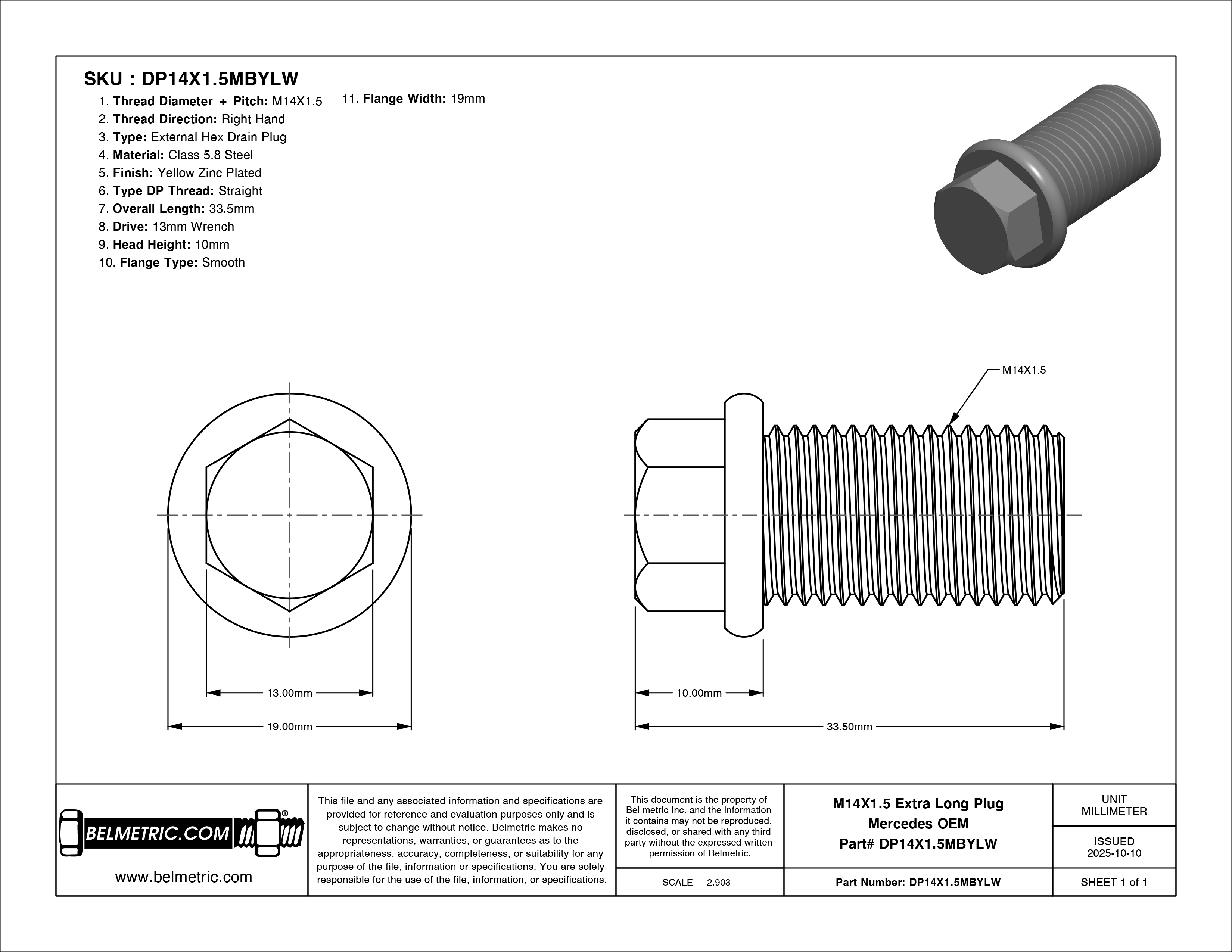 M14X1.5 Hex Long - Drain Plug Mercedes - BelMetric