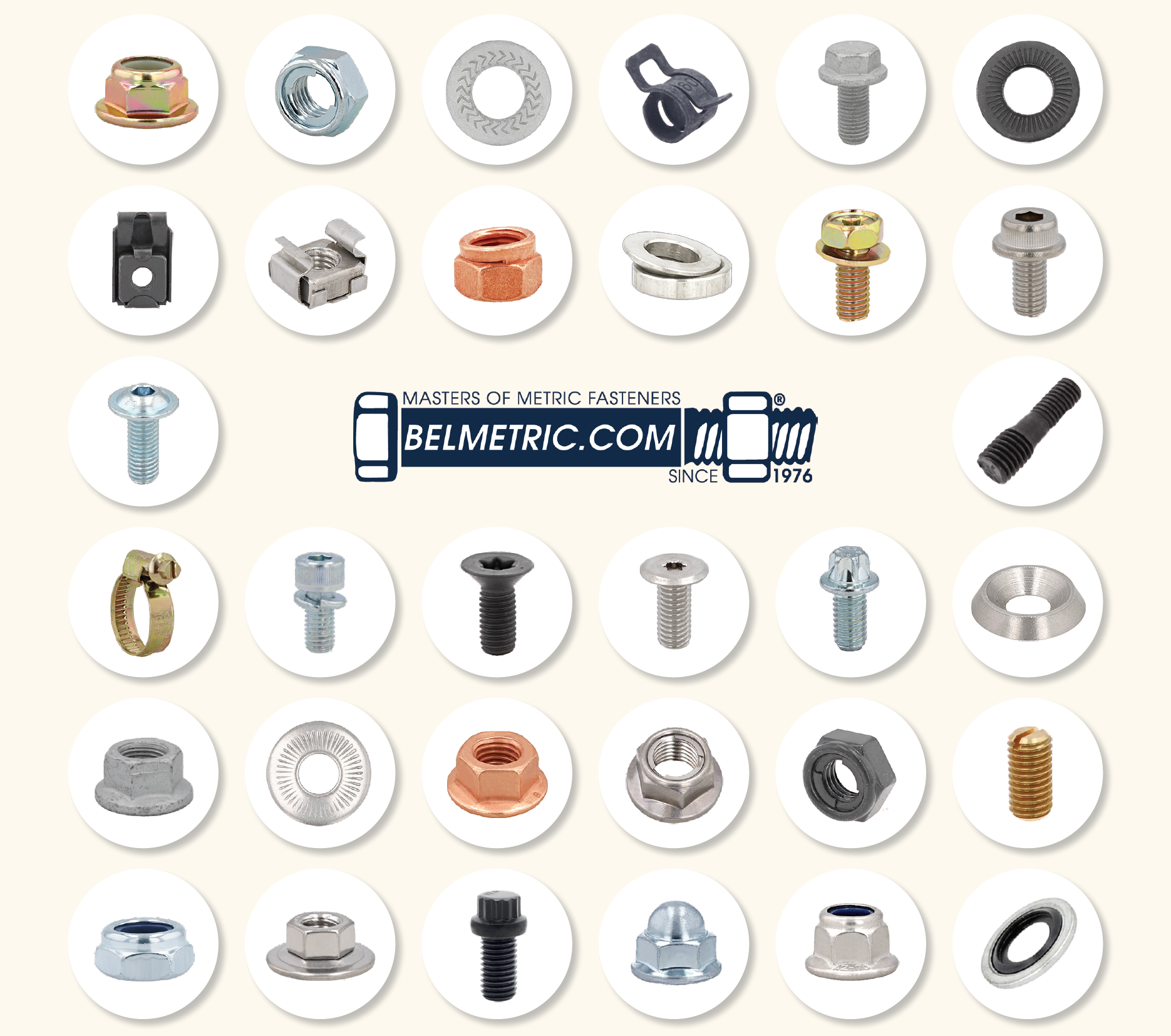 Assorted nuts, washers and bolts in a grid format surrounding the BelMetric logo
